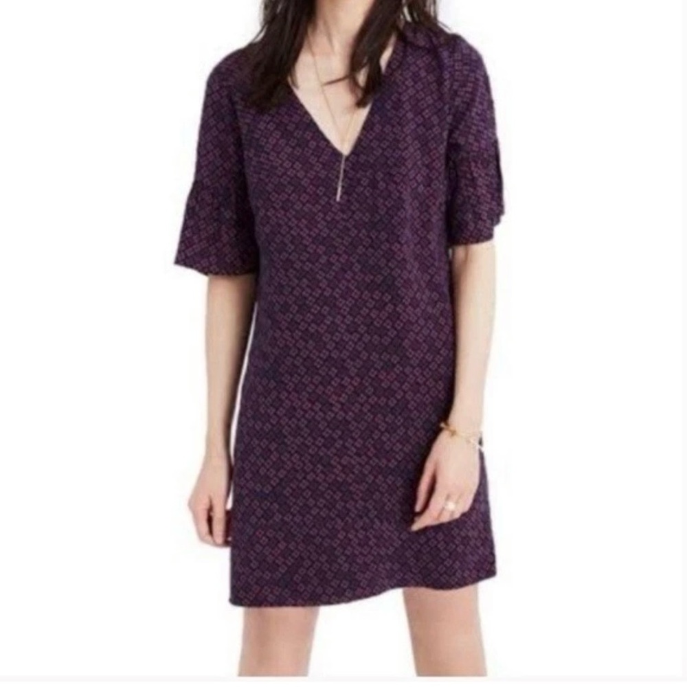 Madewell deep purple and navy bell sleeve dress